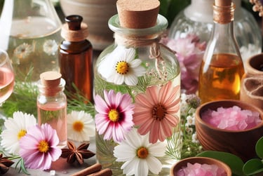 a glass jar with various flowers in a tonic
