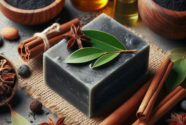 a charcoal soap herbs surrounding it