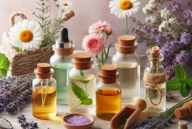 various glass jars with differnt liquids, chamomile and lavender flowers in background