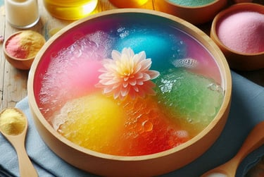 various colored jellies in wood bowl, different powders surrounding the bowl