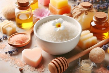 sugar in white bowl with honey , and soaps around