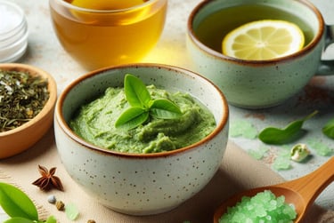 a green paste in a bowl surrounded by skincare ingredients