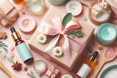 a gift wrapped with pink bow, surrounded by various skincare products and candles