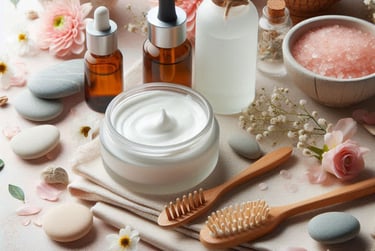 a variety of beauty products including body scrubs and essential oils