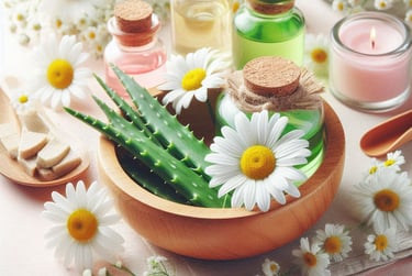 chamomile flowers and aloe leaf in a bowl, flowers in background with pink candle