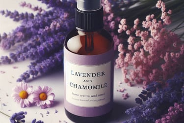 a small spray bottle of lavender and chamomile , with lavender and chamomile flowers around it