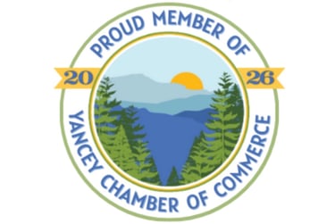 Yancey Chamber of Commerce 2026 Proud Member badge with Blue Ridge Mountain sunrise illustration