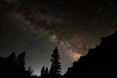 The Milky Way galaxy glows over dark silhouettes of pine trees and rocky hills in a clear night sky.