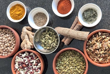 Chickpeas, red, white beans, pumpkin seeds, walnuts, cinnamon, turmeric, thyme, paprika, ginger