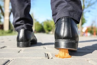 Man walking on a sidewalk with gum stuck to the bottom of his shoe