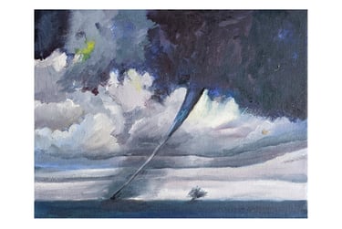 Ölgemälde eines Tornados, Grautöne und ein Hauch von Gelb und Blau und windgepeitschter Baum