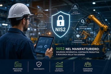 Engineer using a tablet to manage NIS2 cybersecurity compliance in a smart manufacturing factory facility.