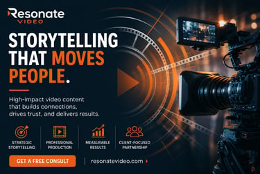 Professional video production services banner featuring a cinema camera and storytelling marketing text.