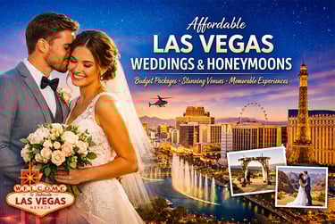 A happy couple celebrating affordable Las Vegas weddings and honeymoons against the city skyline.