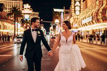 a bride and groom walking down the street