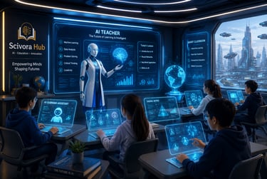 AI teacher in a futuristic digital classroom with students using holographic learning technology