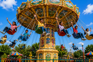 Excited children riding a colorful rotating swing carousel ride at an amusement park under a blue sky.