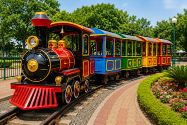 A colorful vintage-style children's trackless train ride on rails in a sunny outdoor amusement park.
