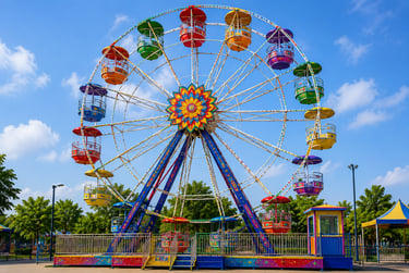 A colorful ferris wheel with multi-colored gondolas stands against a blue sky at an amusement park.