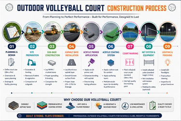 Infographic showing the 9-step outdoor volleyball court construction process from site planning to lighting installation.