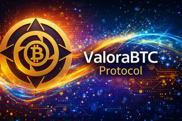 ValoraBTC Protocol logo with a golden Bitcoin symbol on a glowing digital circuit background.