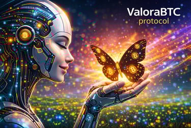 A futuristic female AI robot holding a Bitcoin butterfly for ValoraBTC protocol.