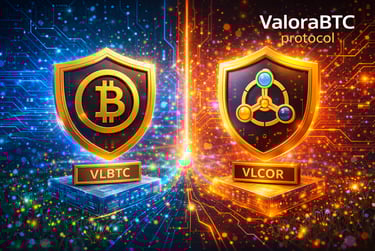 ValoraBTC protocol digital shields for VLBTC and VLCOR cryptocurrency assets on a circuit background.