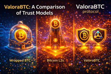 Comparison of ValoraBTC protocol trust models vs Wrapped BTC and Bitcoin L2s illustrated with glowing orange icons.
