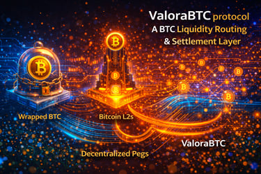 ValoraBTC protocol diagram showing Bitcoin L2s, wrapped BTC, and decentralized pegs for liquidity routing.