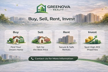 Greenova Realty banner offering services to buy, sell, rent, or invest in sustainable urban real estate.