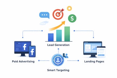 Digital marketing lead generation system showing paid advertising, smart targeting and landing page