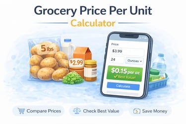 Grocery price per unit calculator interface showing product prices, weights, and best value comparison shopping assistant