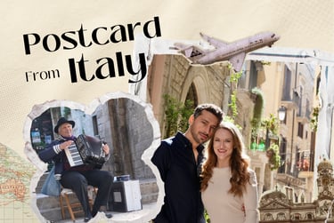 Travel collage titled Postcard from Italy featuring a couple, an accordion player, and an airplane.