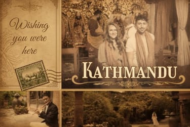 Vintage Kathmandu postcard featuring a couple and a musician in Nepal with wishing you were here text.