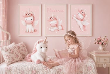 little girl reading with unicorn in pink bedroom with personalised unicorn prints by Bunting & Beau