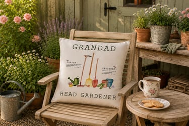 Personalised Head Gardener cushion in an English country garden. Personalised gardening gift