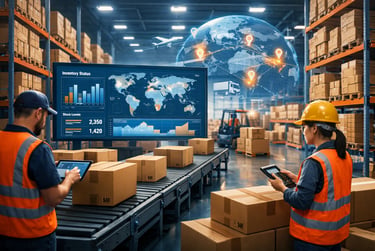 Modern warehouse inventory management system with workers tracking stock and supply chain data