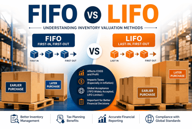 FIFO vs LIFO inventory valuation methods illustrated with warehouse boxes showing FIFO and LIFO