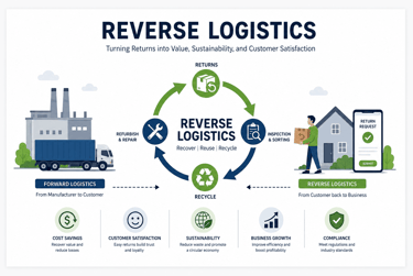 Reverse logistics flow and benefits infographic