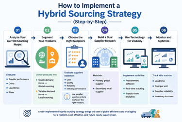 Hybrid sourcing strategy step-by-step infographic with supplier selection and product segmentation