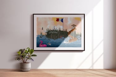 Framed artwork featuring children playing near historical ruins that have been turned into a splash 