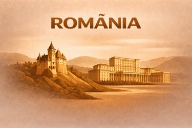 Vintage Romania travel poster featuring Bran Castle and the Palace of the Parliament in sepia tone.