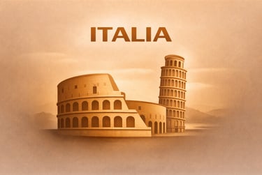 Graphic illustration of the Roman Colosseum and Leaning Tower of Pisa with Italia text.