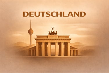 Sepia illustration of the Brandenburg Gate and Berlin TV Tower with Deutschland text.
