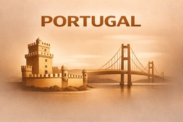 Vintage Portugal travel poster featuring Belem Tower and the 25 de Abril Bridge in Lisbon.