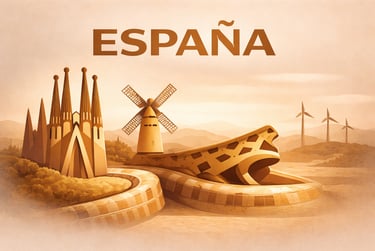 Stylized Spain travel poster featuring Sagrada Familia, a windmill, and Gaudi-inspired architecture.