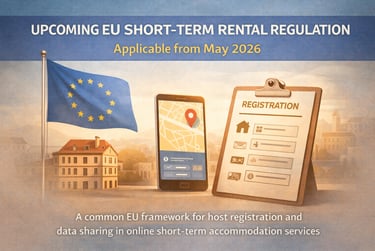 Infographic about upcoming EU short-term rental regulation for host registration and data sharing.