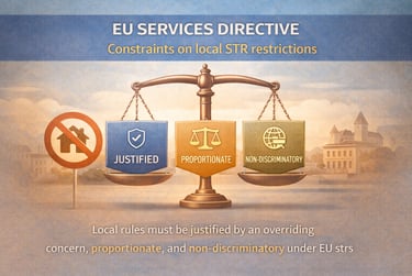 EU Services Directive graphic showing balance scales with justified, proportionate, and non-discriminatory STR constraints.