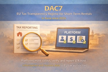 DAC7 EU tax transparency infographic showing digital platform reporting rules for short-term rental hosts.