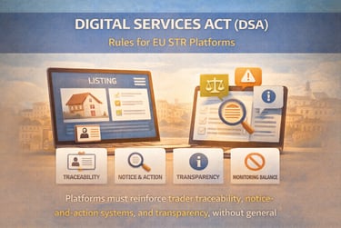 Digital Services Act (DSA) infographic outlining rules for EU STR platforms with icons for traceability and transparency.